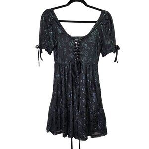 NWT Cosmic Aura Black Butterfly Goth Witchy Babydoll Dress S Front Lace Up Puff